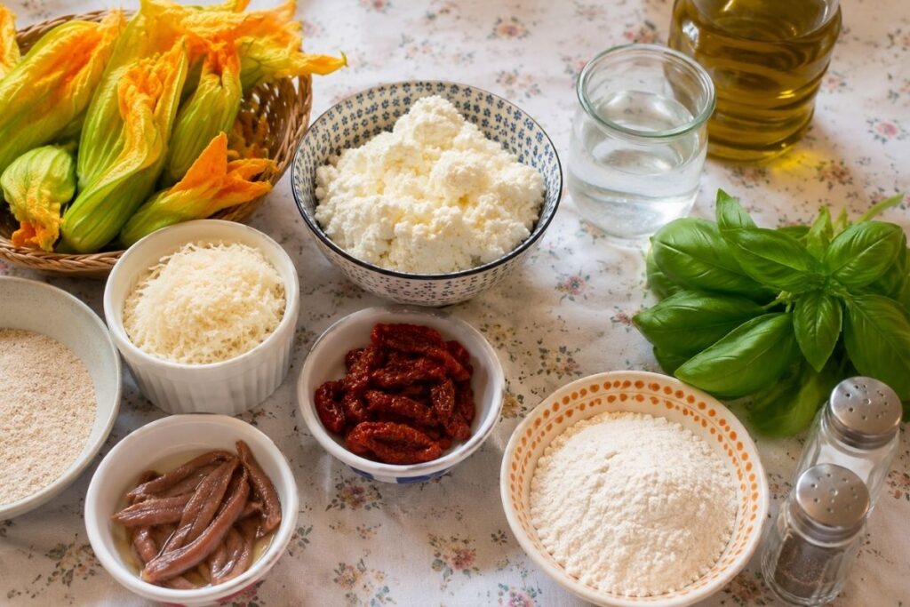 Fiori di zucca ripieni di ricotta in friggitrice ad aria, ingredienti
