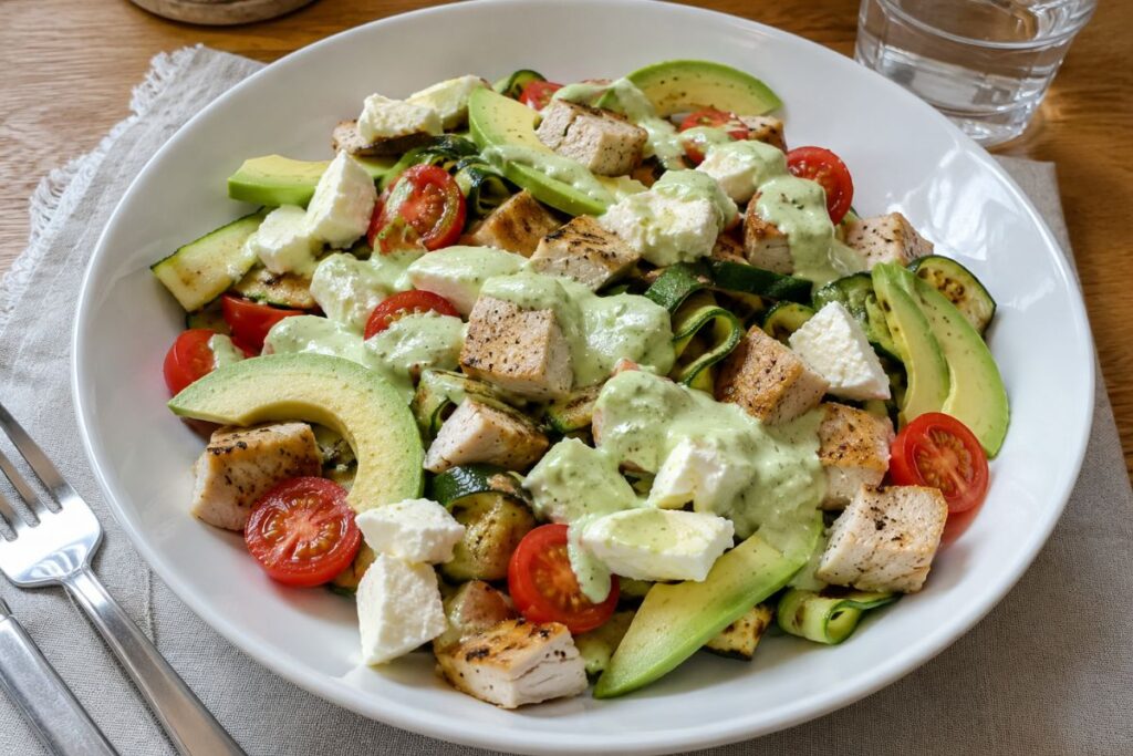 Insalata di pollo, zucchine e avocado con crema allo yogurt greco in friggitrice ad aria
