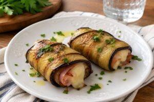 Involtini di melanzane con lonza, prosciutto e formaggio filante in friggitrice ad aria