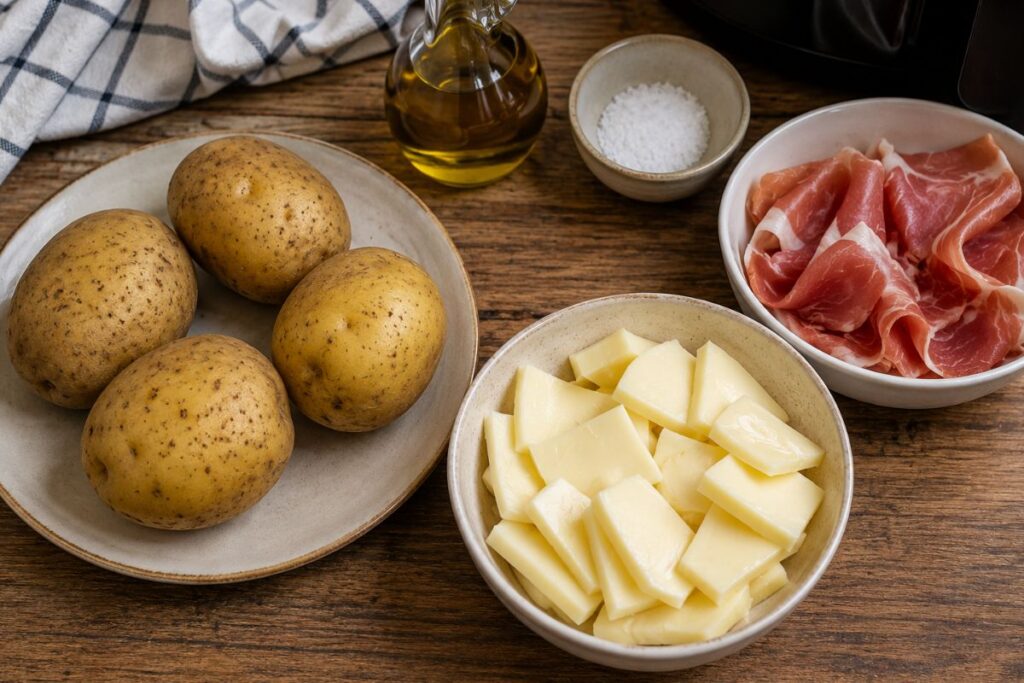 Patate schiacciate con scamorza e prosciutto crudo in friggitrice ad aria, ingredienti