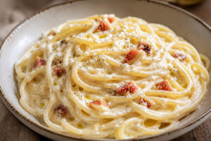Spaghetti con crema di feta e fichi in friggitrice ad aria