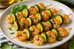 Spiedini di gamberi e zucchine in friggitrice ad aria