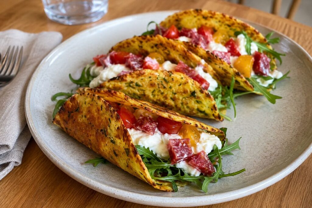 Tacos di zucchine con stracciatella e pomodorini in friggitrice ad aria