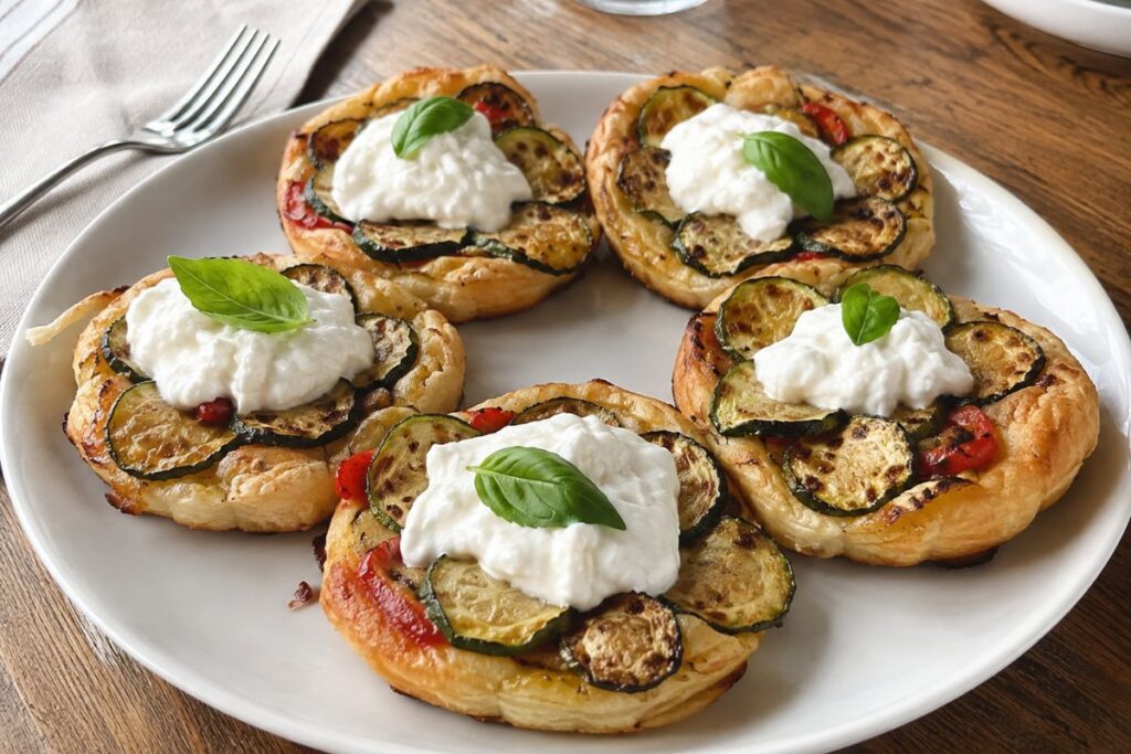 Tartine rovesciate di sfoglia con zucchine, peperoni e stracciatella in friggitrice ad aria