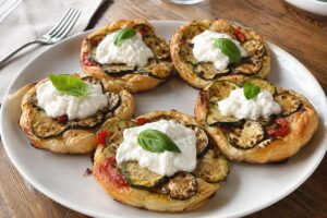 Tartine rovesciate di sfoglia con zucchine, peperoni e stracciatella in friggitrice ad aria