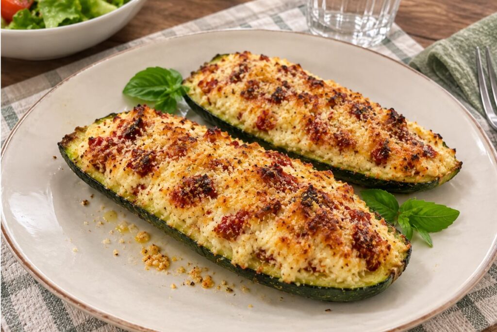 Zucchine ripiene di ricotta e pomodori secchi in friggitrice ad aria
