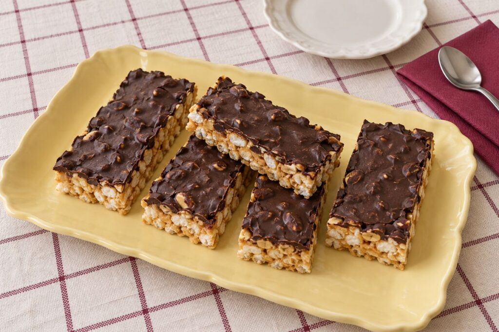 Barrette croccanti con gallette, arachidi e cioccolato