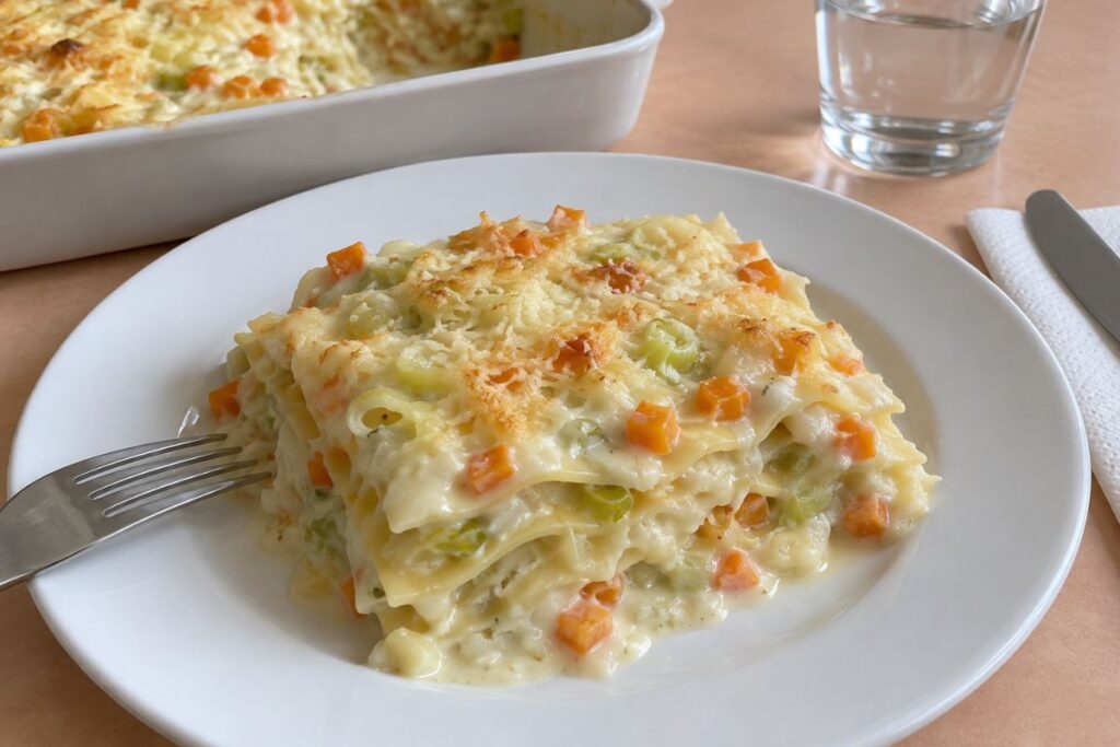 Lasagna con porro, verdurine e besciamella in friggitrice ad aria