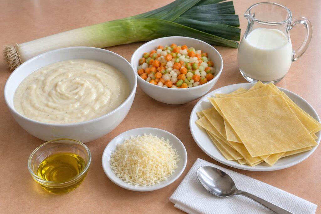 Lasagna con porro, verdurine e besciamella in friggitrice ad aria, ingredienti