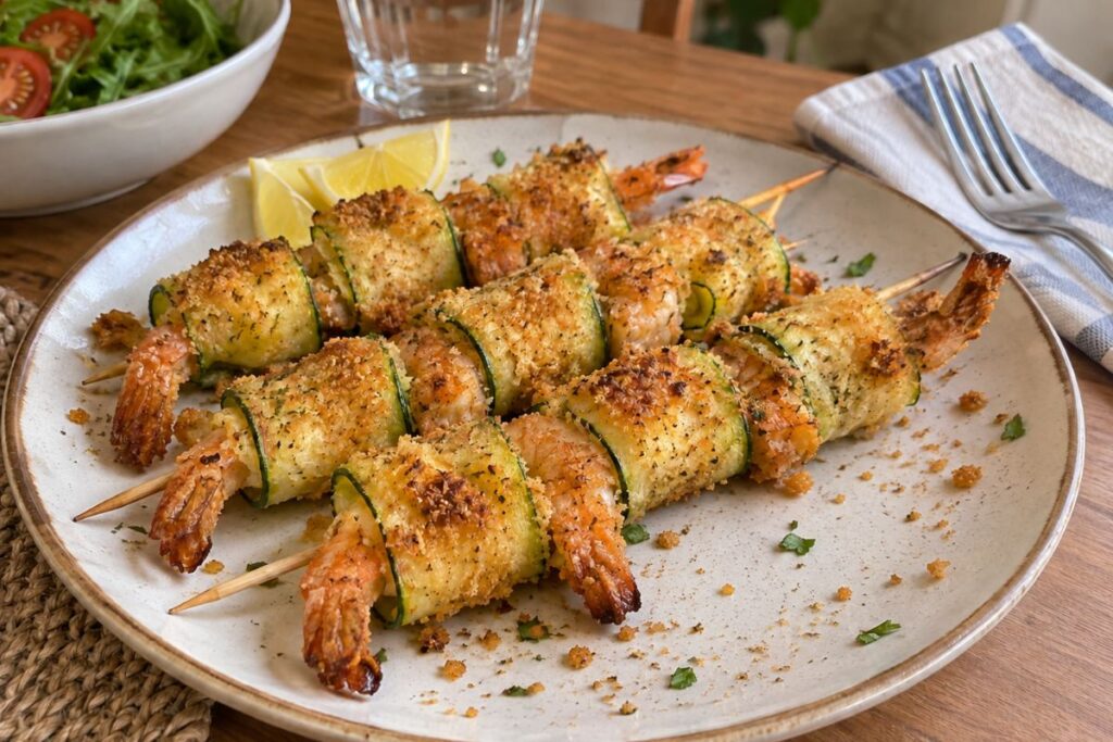 Spiedini di gamberi e zucchine in friggitrice ad aria