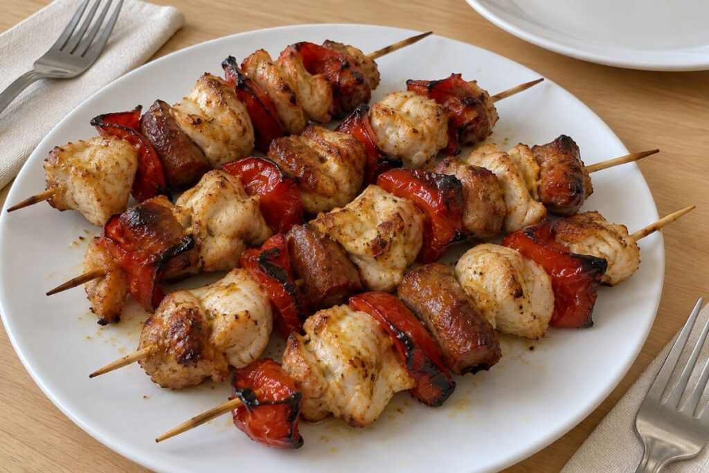 Spiedini di pollo, salsiccia e peperone in friggitrice ad aria