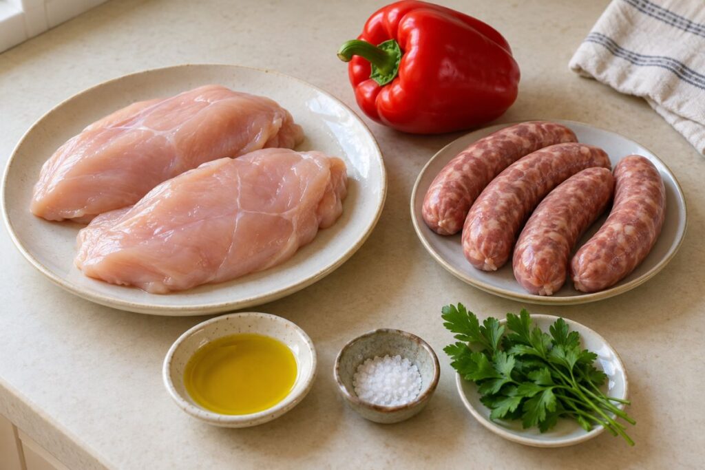 Spiedini di pollo, salsiccia e peperone in friggitrice ad aria, ingredienti