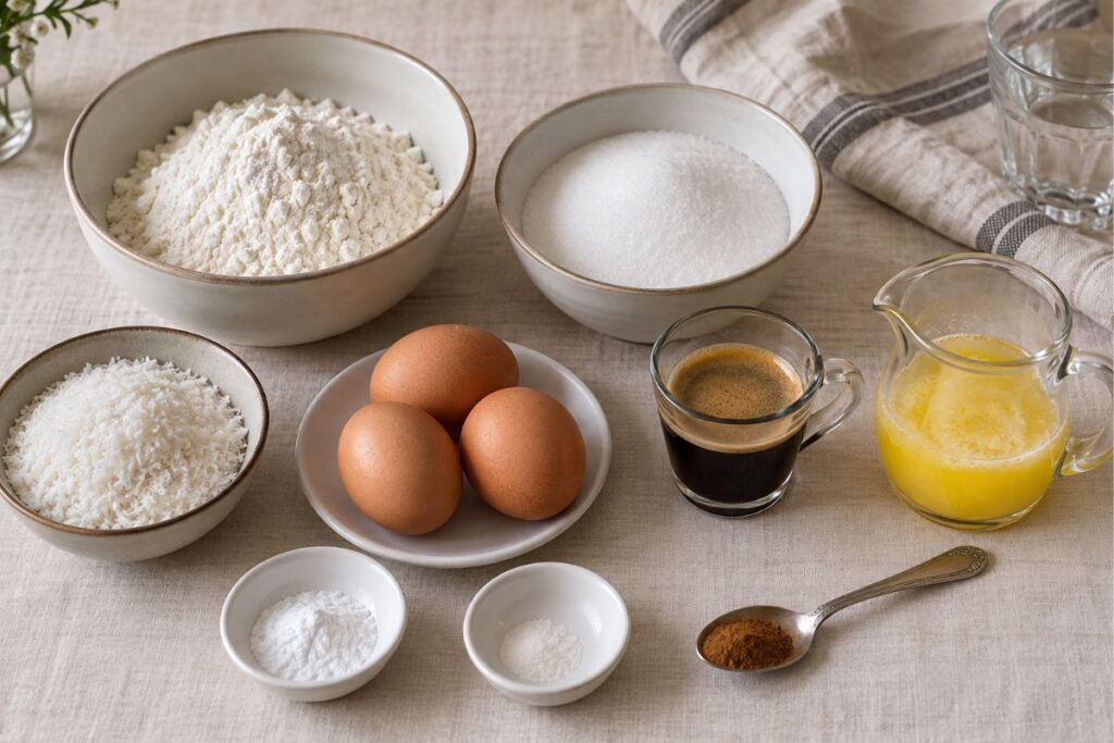 Torta caffè, cocco e cannella in friggitrice ad aria, ingredienti