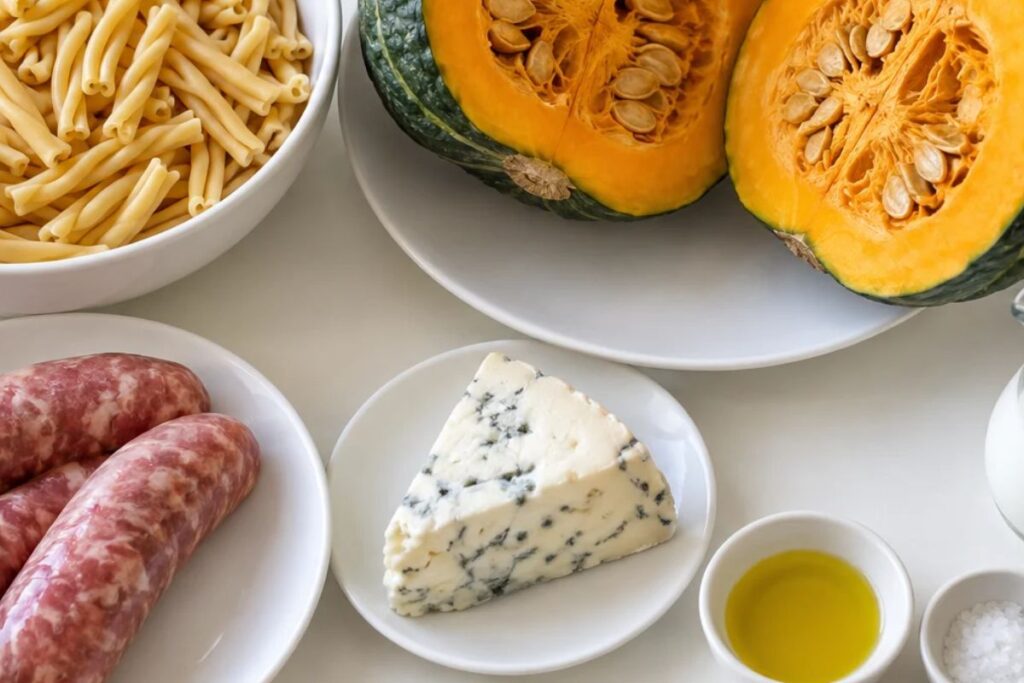 Caserecce con crema di zucca Delica, salsiccia e gorgonzola in friggitrice ad ariaingredienti