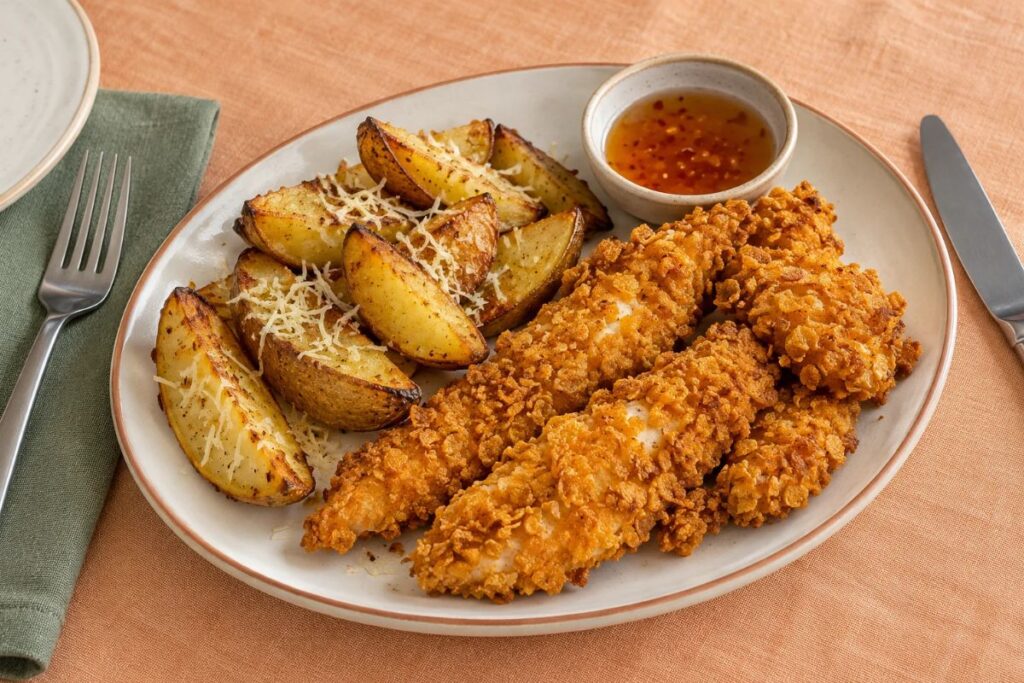 Chicken tenders croccanti con patate speziate e salsa hot honey