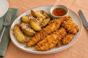 Chicken tenders croccanti con patate speziate e salsa hot honey
