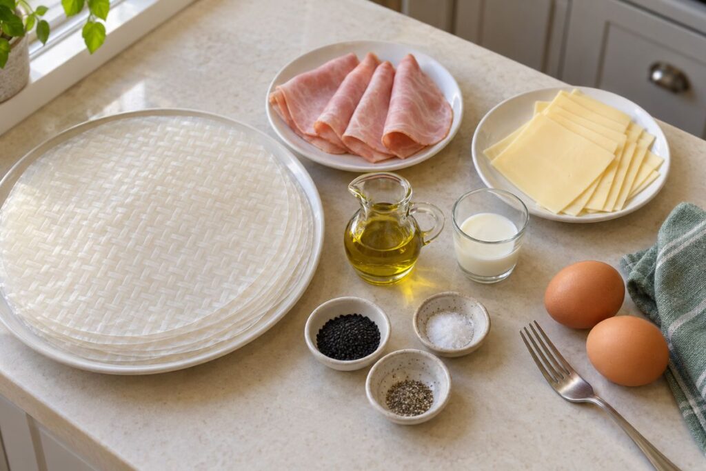 Girelle di carta di riso con prosciutto e formaggio in friggitrice ad aria, ingredienti