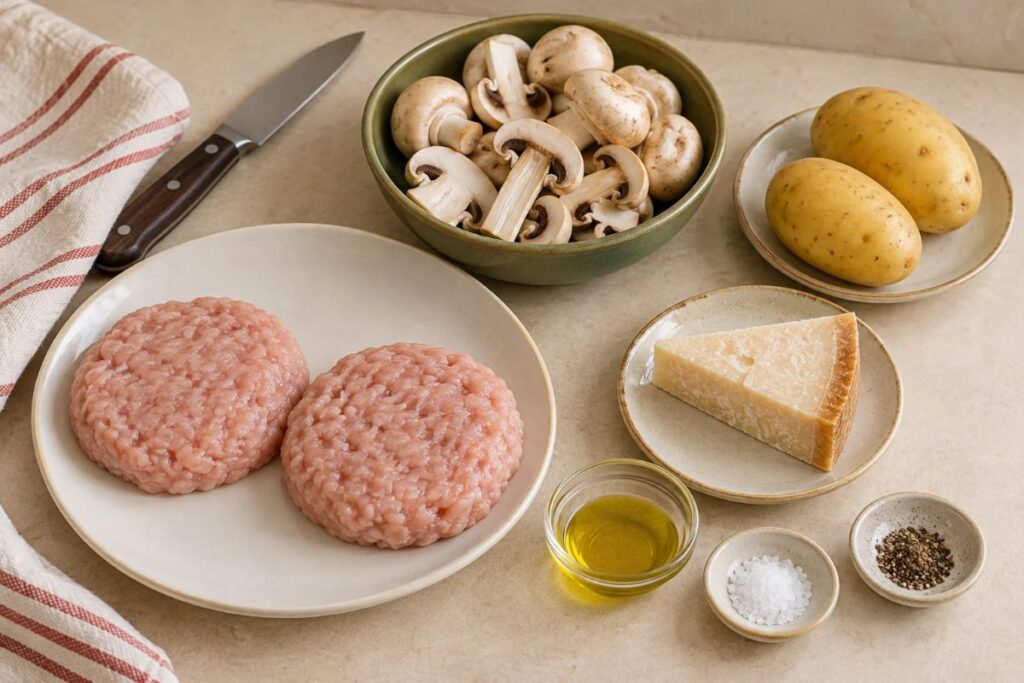 Hamburger di pollo con funghi, patate e scaglie di Parmigiano in friggitrice ad aria, ingredienti