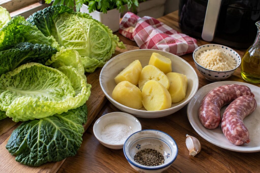 Involtini di verza con patate e salsiccia in friggitrice ad aria, ingredienti