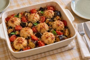 Polpette di pollo e patate con melanzane e pomodorini in friggitrice ad aria