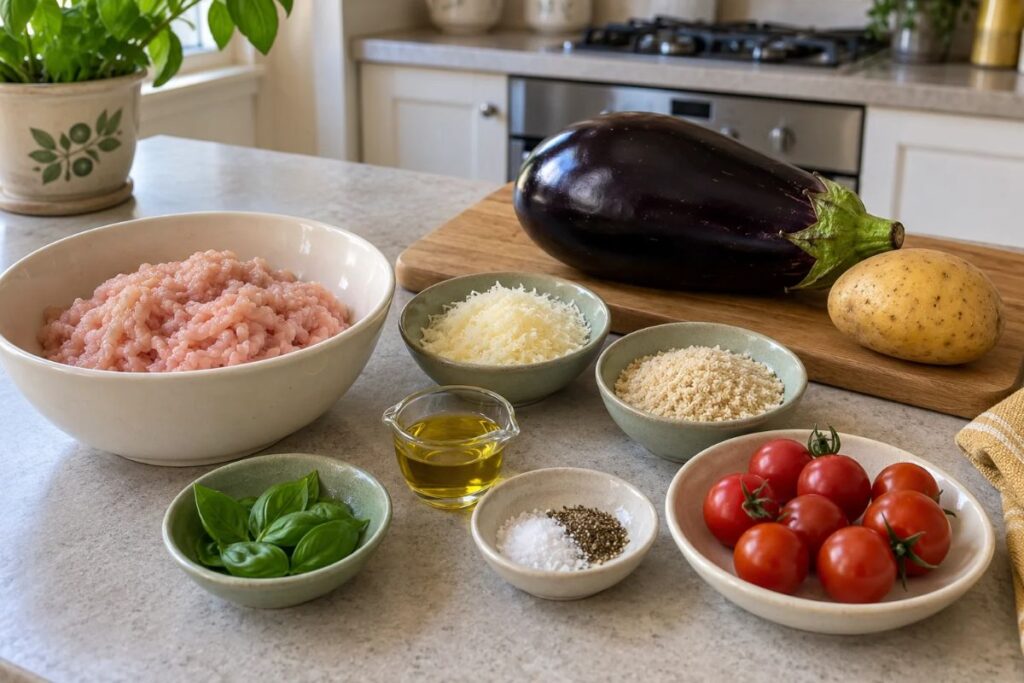 Polpette di pollo e patate con melanzane e pomodorini in friggitrice ad aria, ingredienti