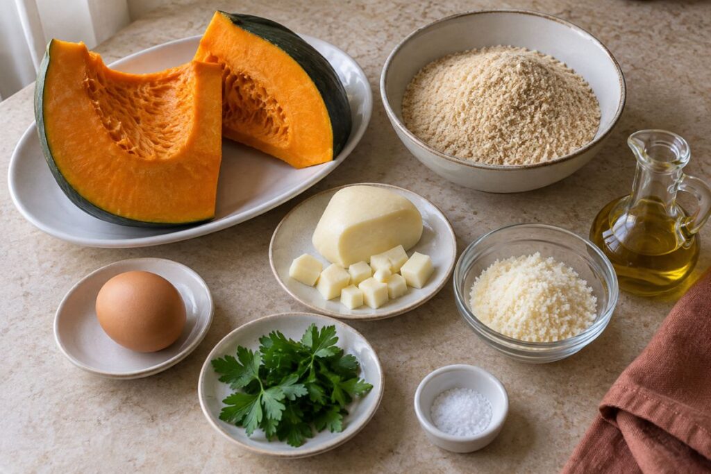 Polpette di zucca con cuore di provola in friggitrice ad aria ingredienti Polpette di zucca con cuore di provola in friggitrice ad aria, ingredienti