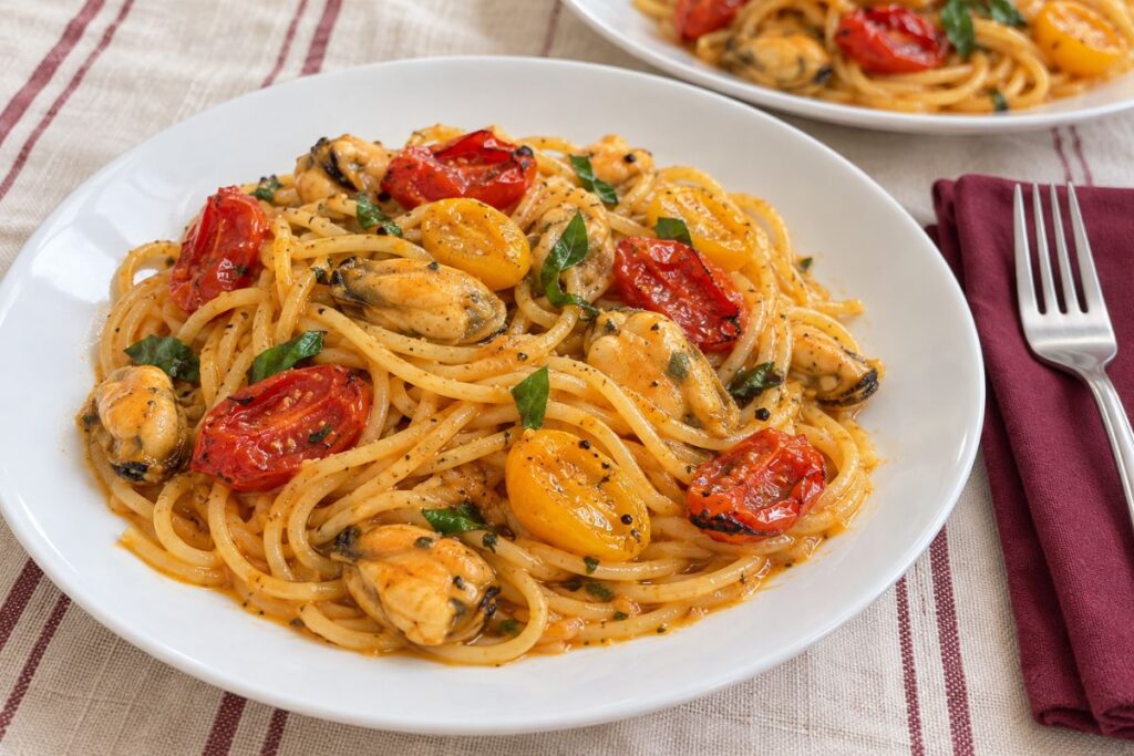 Spaghetti con crema di pomodorini, cozze e pecorino