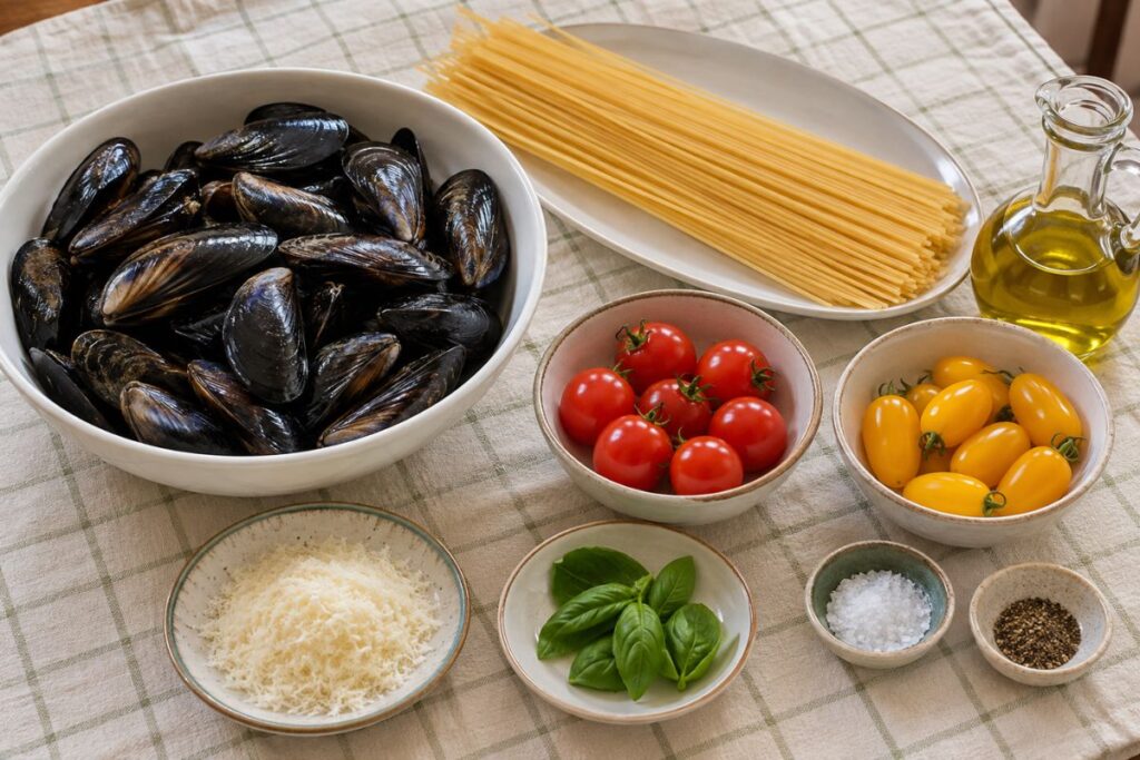 Spaghetti con crema di pomodorini cozze e pecorino ingredienti Spaghetti con crema di pomodorini, cozze e pecorino, ingredienti