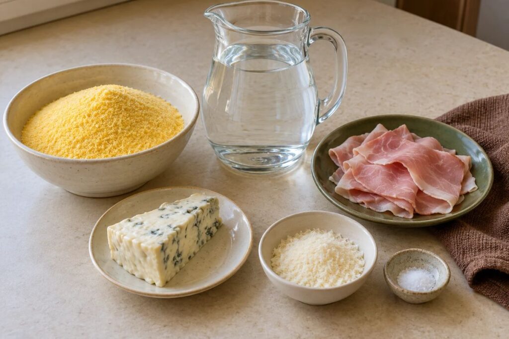Torta di polenta con prosciutto cotto e gorgonzola in friggitrice ad aria, ingredienti