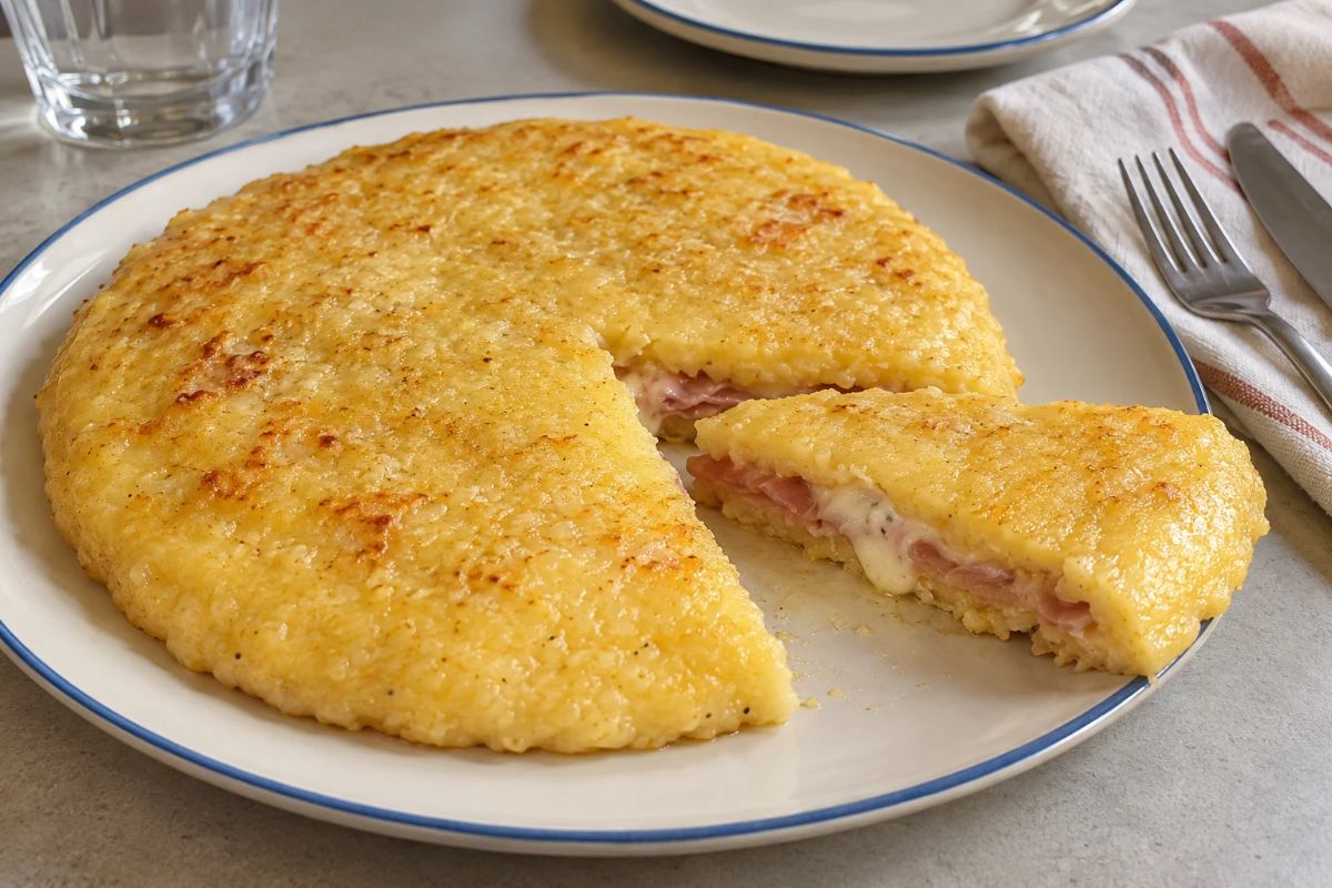 La polenta diventa una torta salata: dentro c’è un cuore filante e bastano 8 minuti in friggitrice ad aria