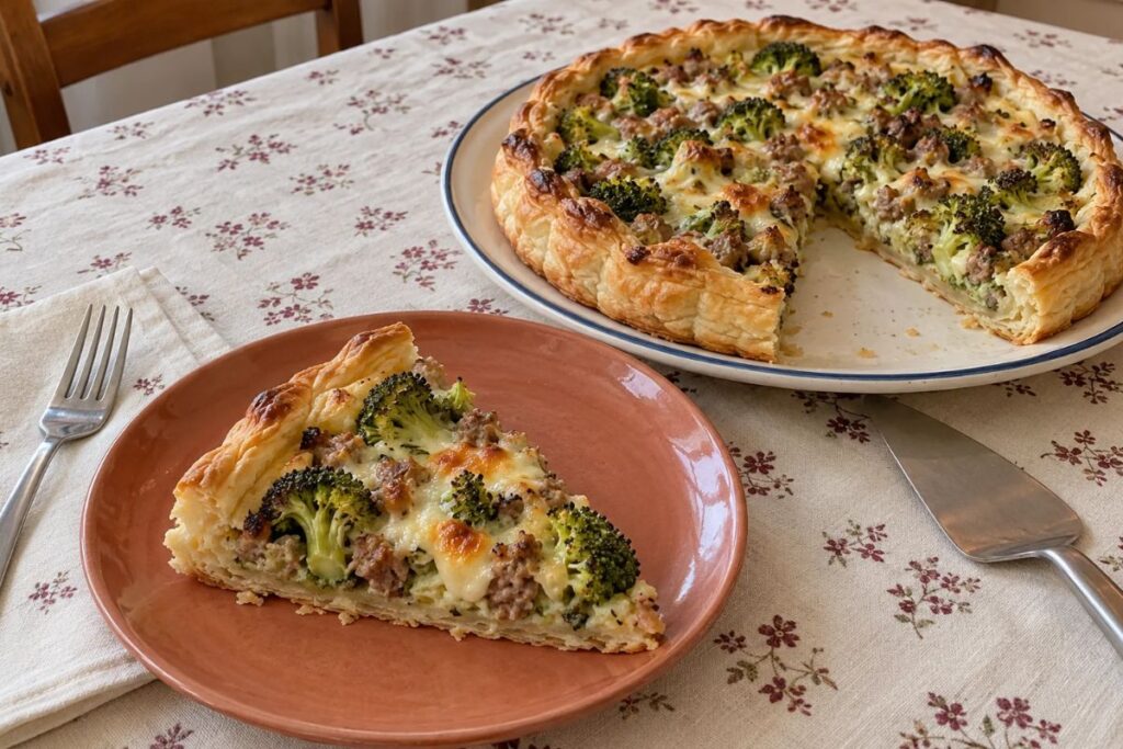 Torta salata con broccoli, salsiccia e scamorza in friggitrice ad aria