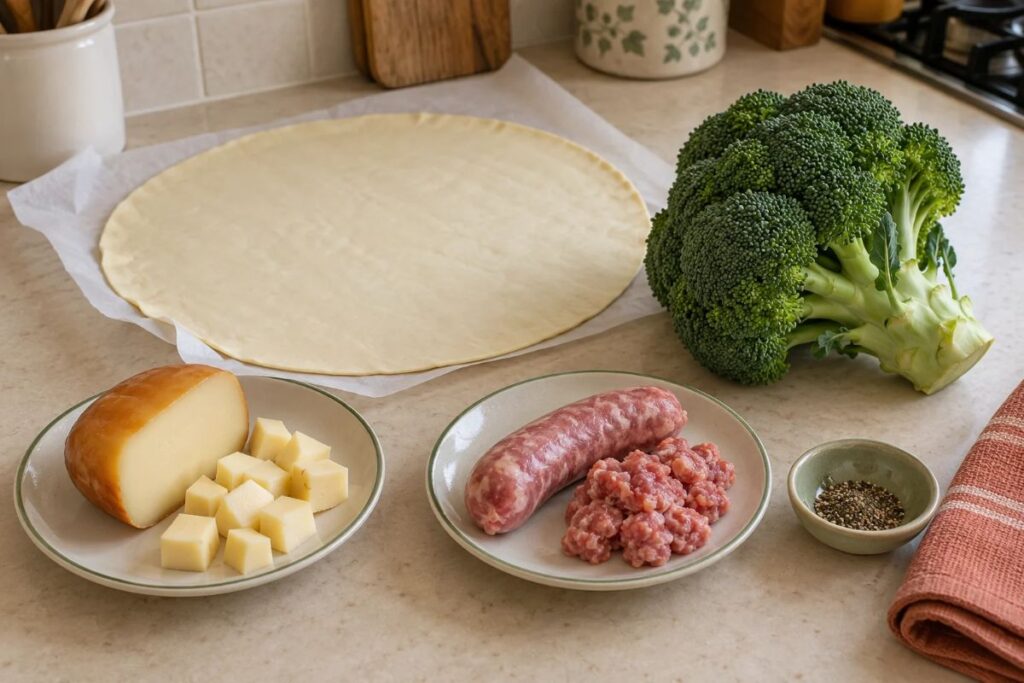 Torta salata con broccoli, salsiccia e scamorza in friggitrice ad aria, ingredienti