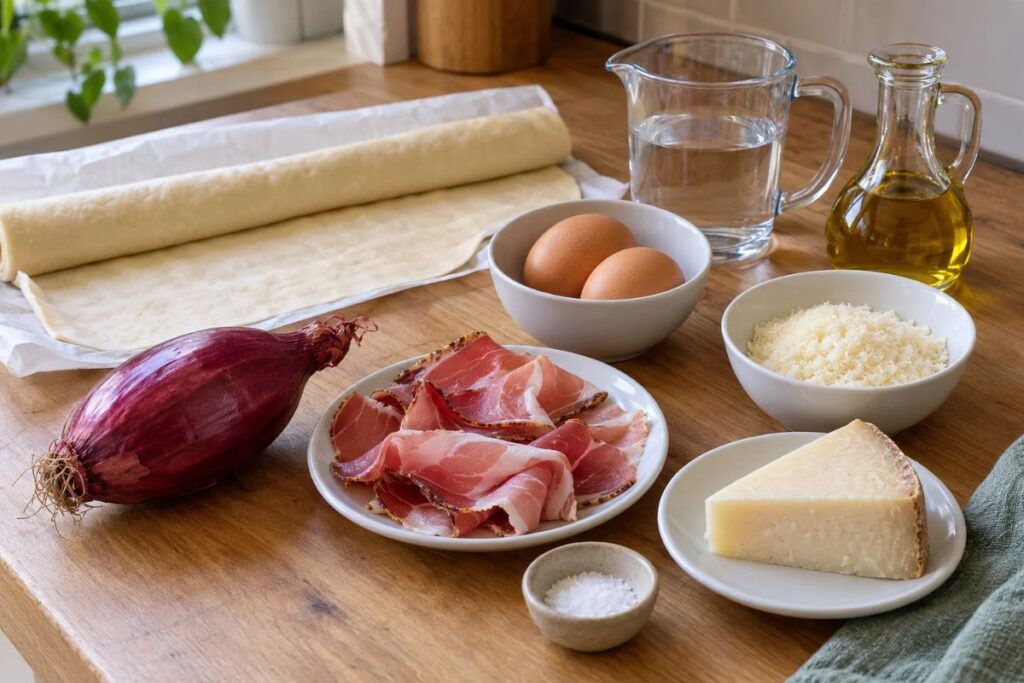 Torta salata con cipolla di Tropea, speck e Asiago in friggitrice ad aria, ingredienti